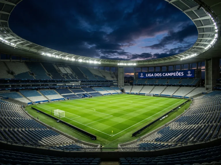 Estádio de futebol iluminado durante jogo noturno da Champions League