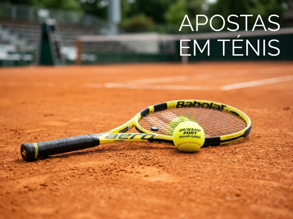 Raquete de ténis e bola em campo de terra batida para apostas desportivas