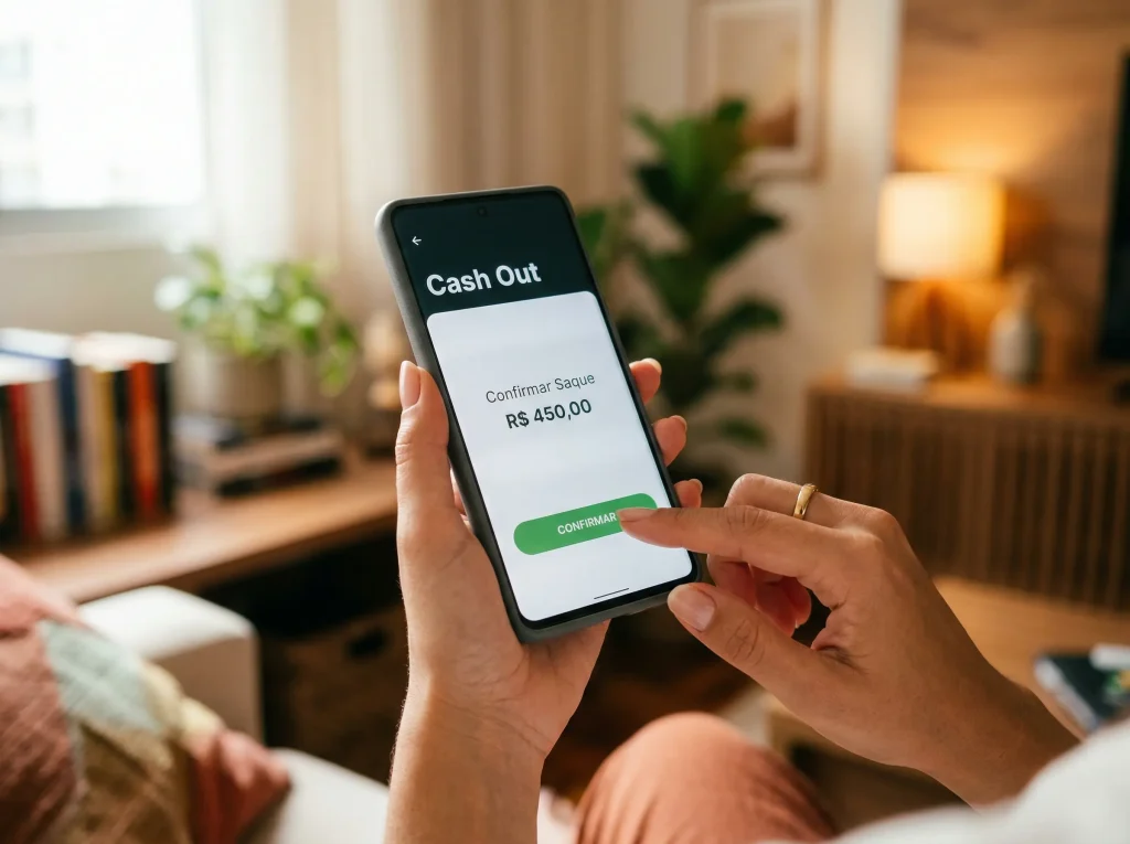 Ecrã de telemóvel com botão de cash out em aplicação de apostas