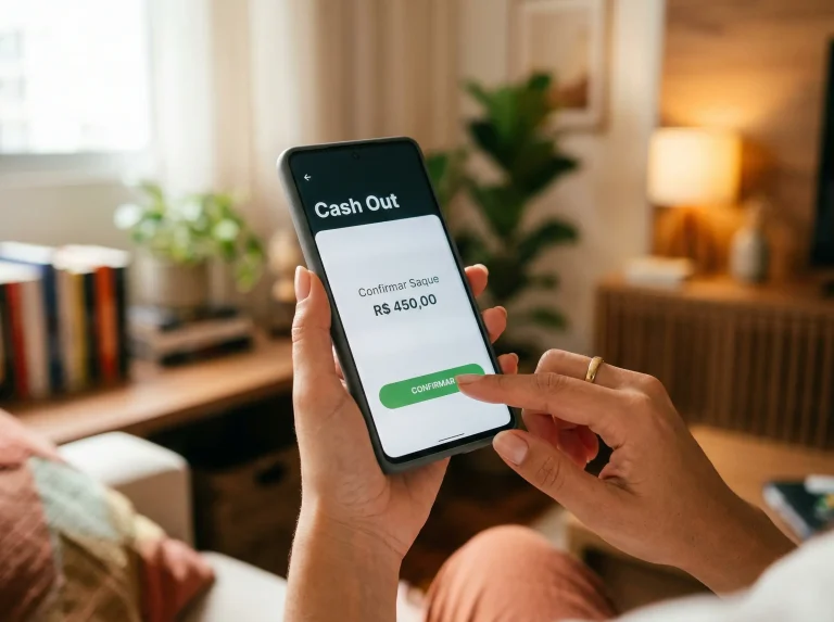 Ecrã de telemóvel com botão de cash out em aplicação de apostas