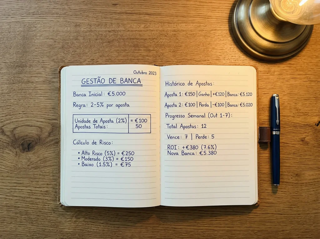 Caderno com cálculos de gestão de banca e caneta
