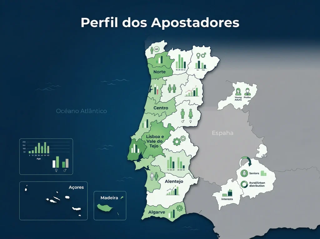 Mapa de Portugal com gráficos demográficos de apostadores