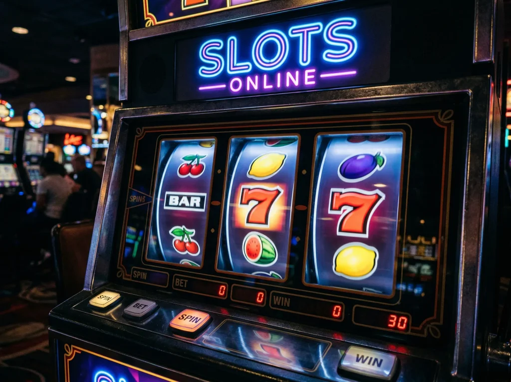 Máquina de slot colorida com símbolos de frutas e setes