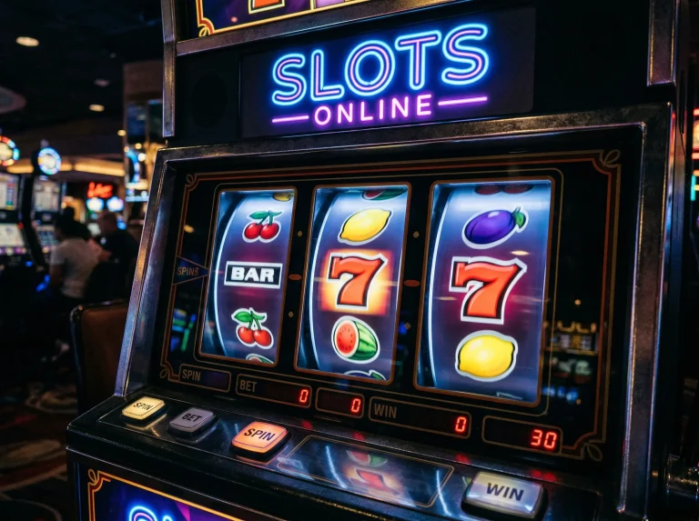 Máquina de slot colorida com símbolos de frutas e setes
